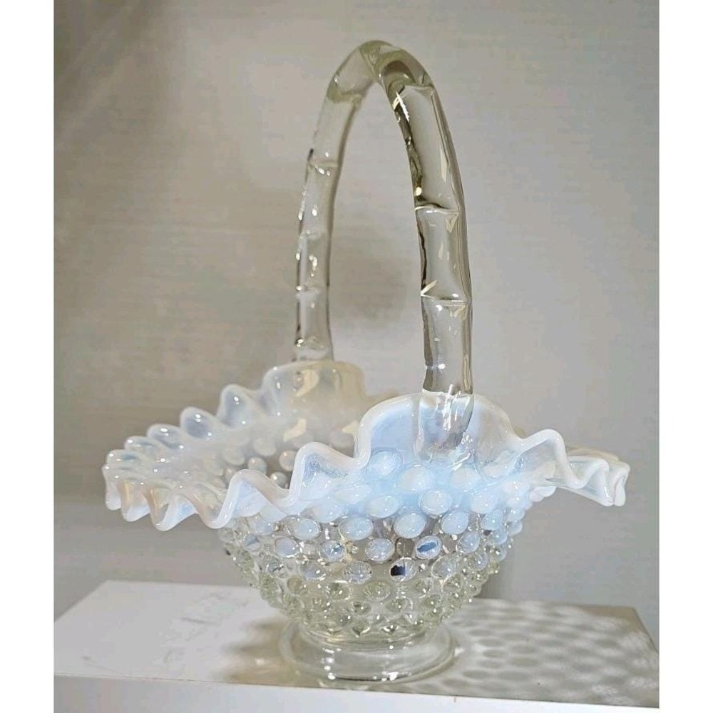Fenton Hobnail White Opalescent Milk Glass Basket Ruffled Rim Bamboo Handle 7in